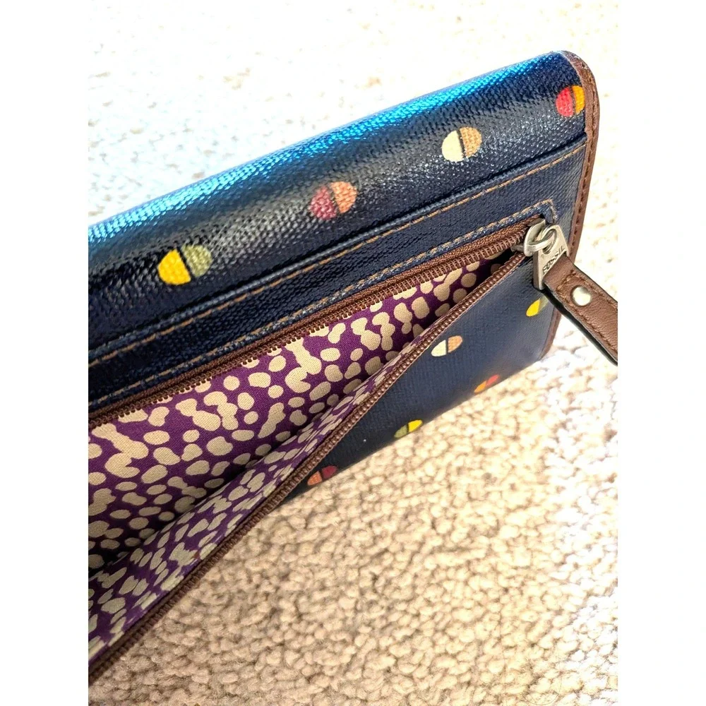 Fossil Key-Per Navy Blue Polka Dot Coated Canvas Clutch Wallet